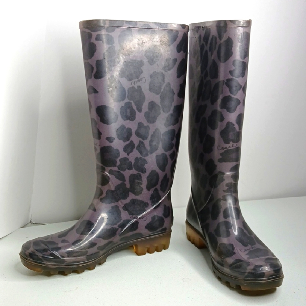 Coach Gray Ocelot Print Rubber Rain Boots - Size 5